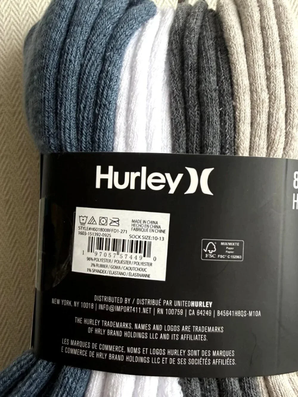 Hurley Men's High Ankle Performance Socks 8 Pair Pack Assorted Size 10-13 NWT